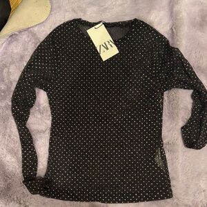 Zara Black and White Polka Dot Long Sleeve Top